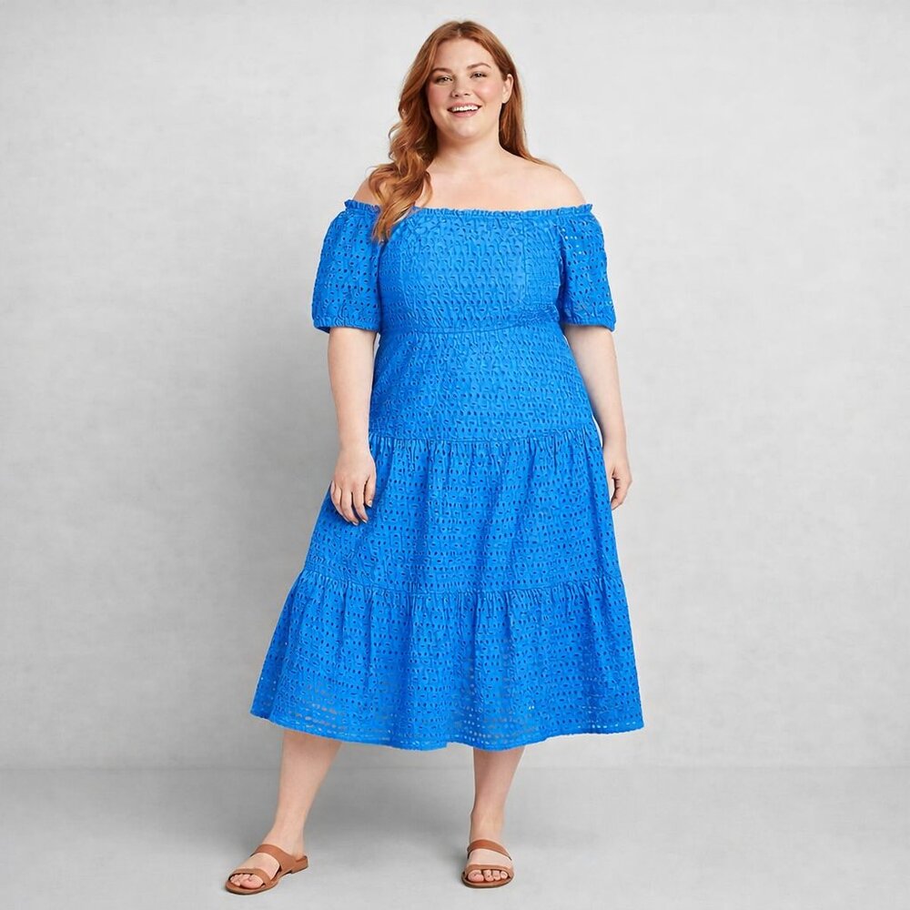 Lane Bryant Cobalt Blue Eyelet Cotton On or Off Shoulder Midi Dress Size 14